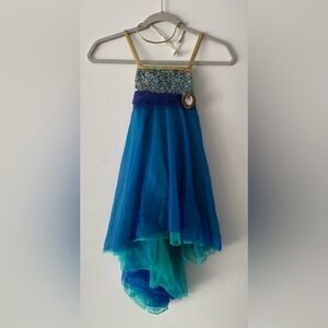 Curtain Call Flowers in Bloom Blue & Gold Dance Costume Empire Waist Dress